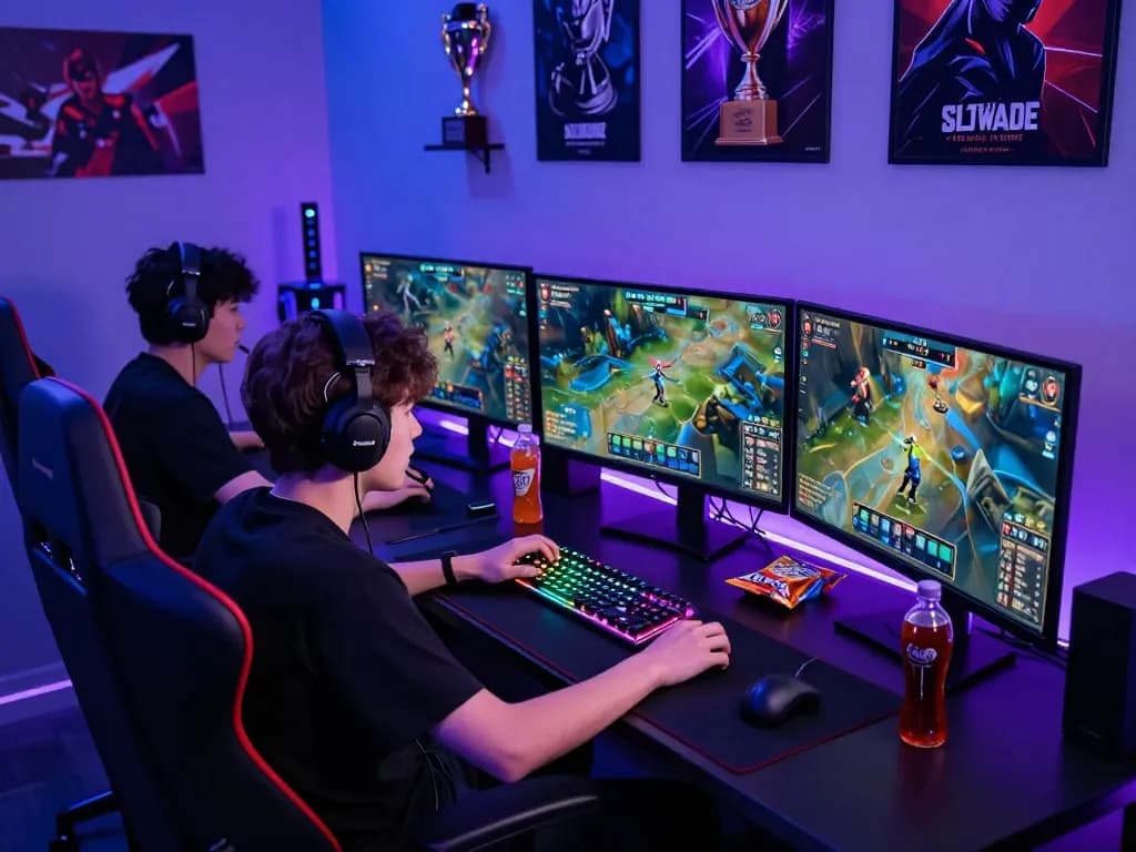Young gamer engaged in intense Onbet LOL competition, surrounded by vibrant LED-lit gaming setup and multiple monitors showing gameplay.