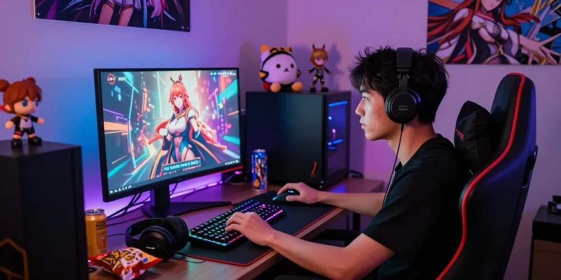 Engaged gamer playing real hentai games in an immersive bedroom setting.