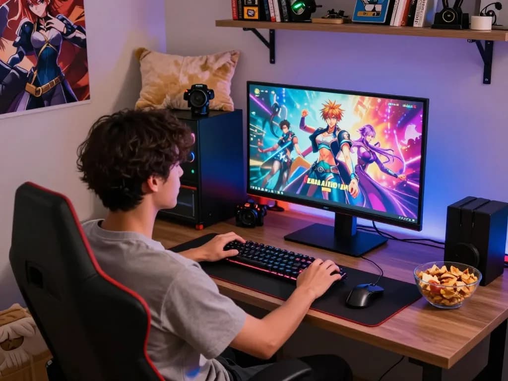 Engaged player enjoying hentai games on a modern gaming setup with ambient lighting and accessories.