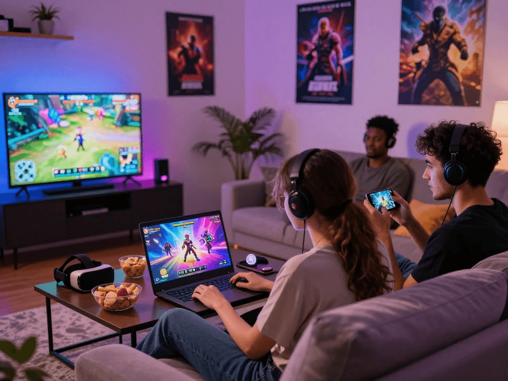 Engaged gamers enjoying a porn game online in a cozy living room setting, showcasing different devices and vibrant gameplay.