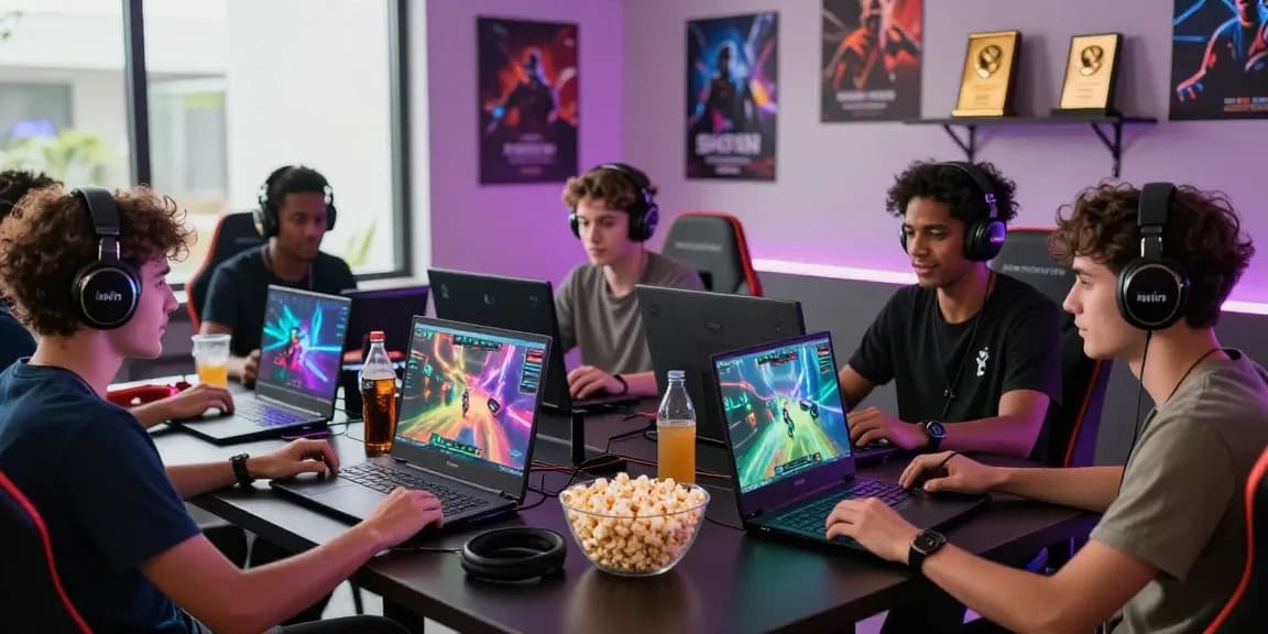 Group of friends enjoying iwin multiplayer game in a vibrant gaming room