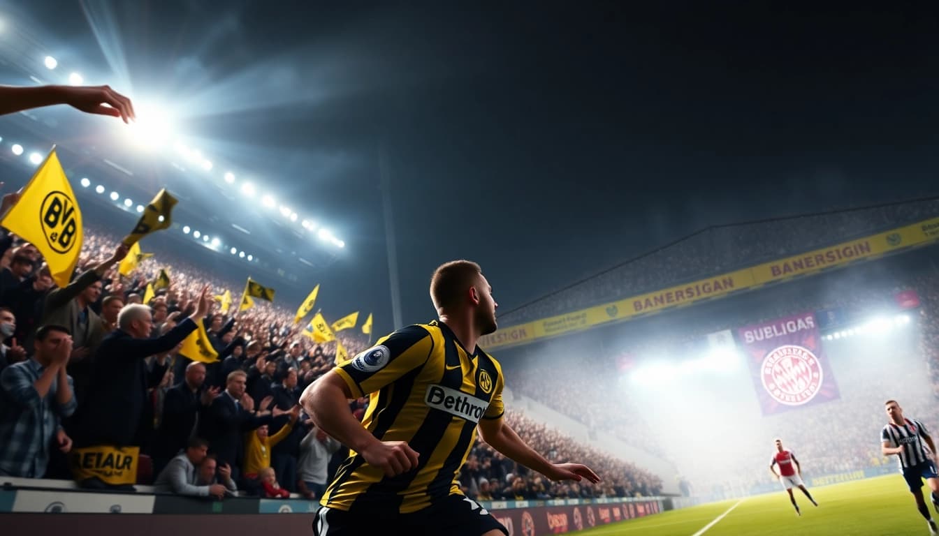 Giải Bóng đá Vô địch Quốc gia Đức match scene with passionate fans and players in action.