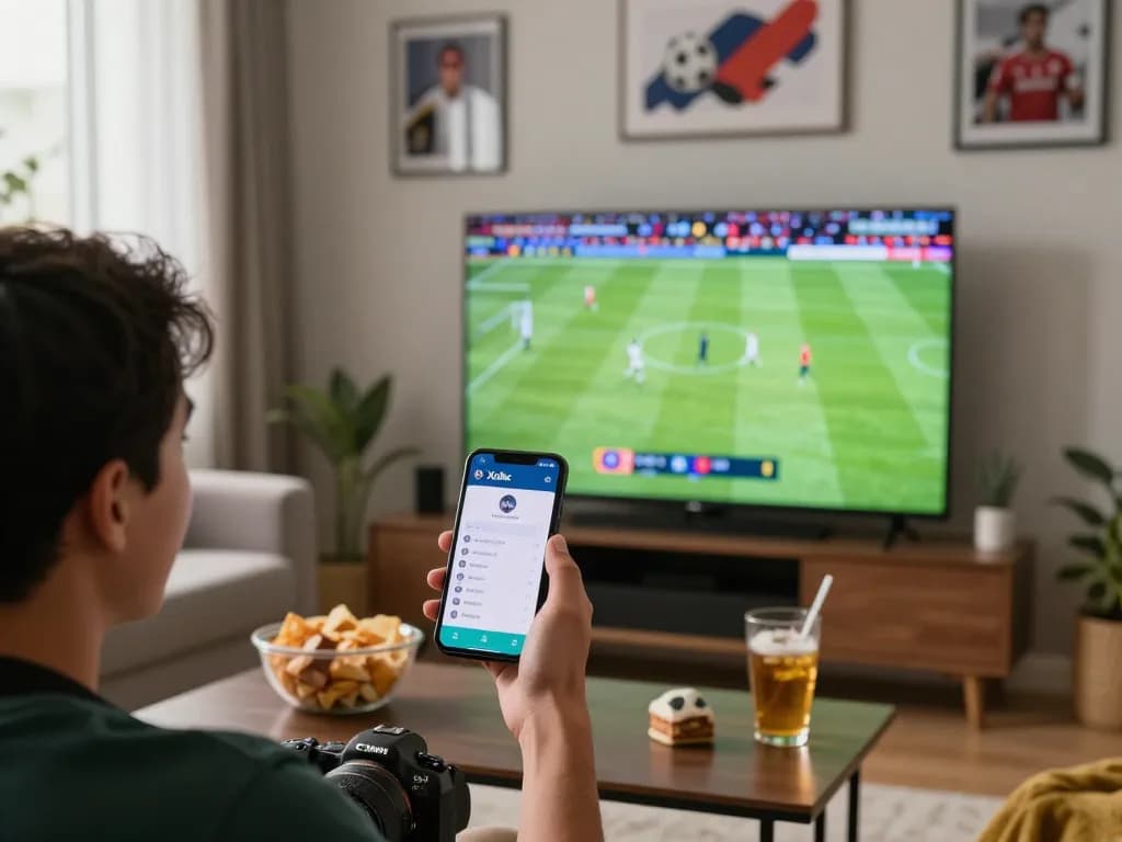 Xoilac fan watching a live soccer stream with stats on smartphone in a vibrant living room.