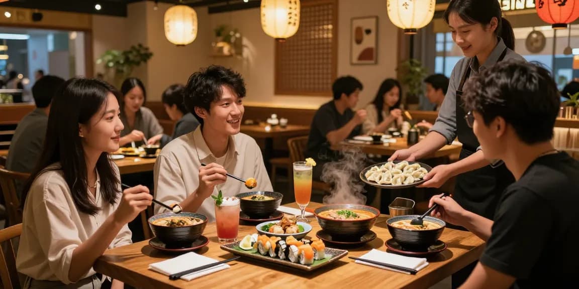 Friends sharing a meal at red88 restaurant, enjoying sushi and ramen in a vibrant atmosphere.