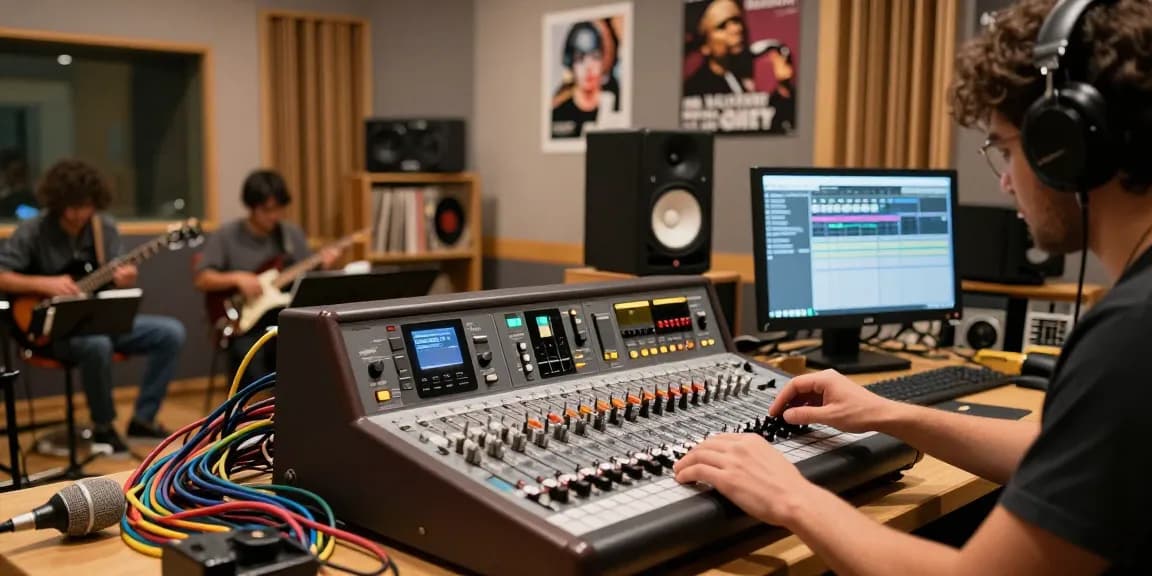 Audio engineer using a Tascam DA88 digital multitrack recorder in a vibrant recording studio environment.