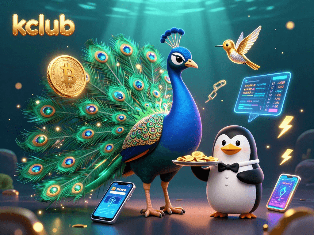 Kclub players enjoy vibrant gaming moments amidst cryptocurrency treasures and a stunning peacock.