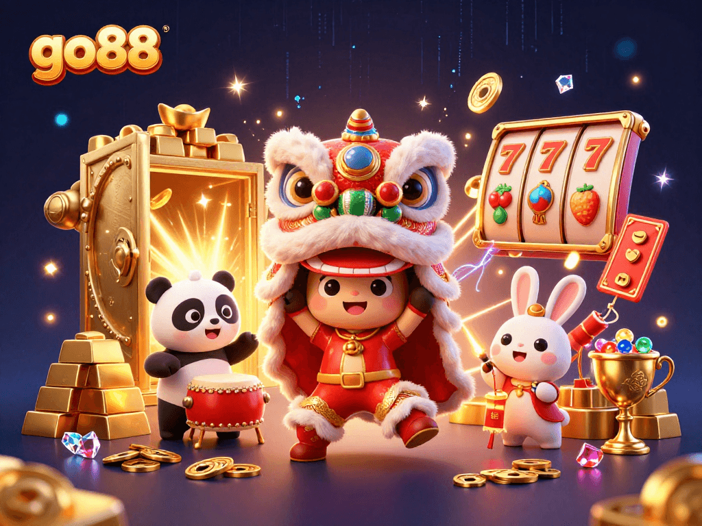 Experience the festive go88 spirit with a dynamic casino illustration of a lion dance amidst vibrant gaming elements.