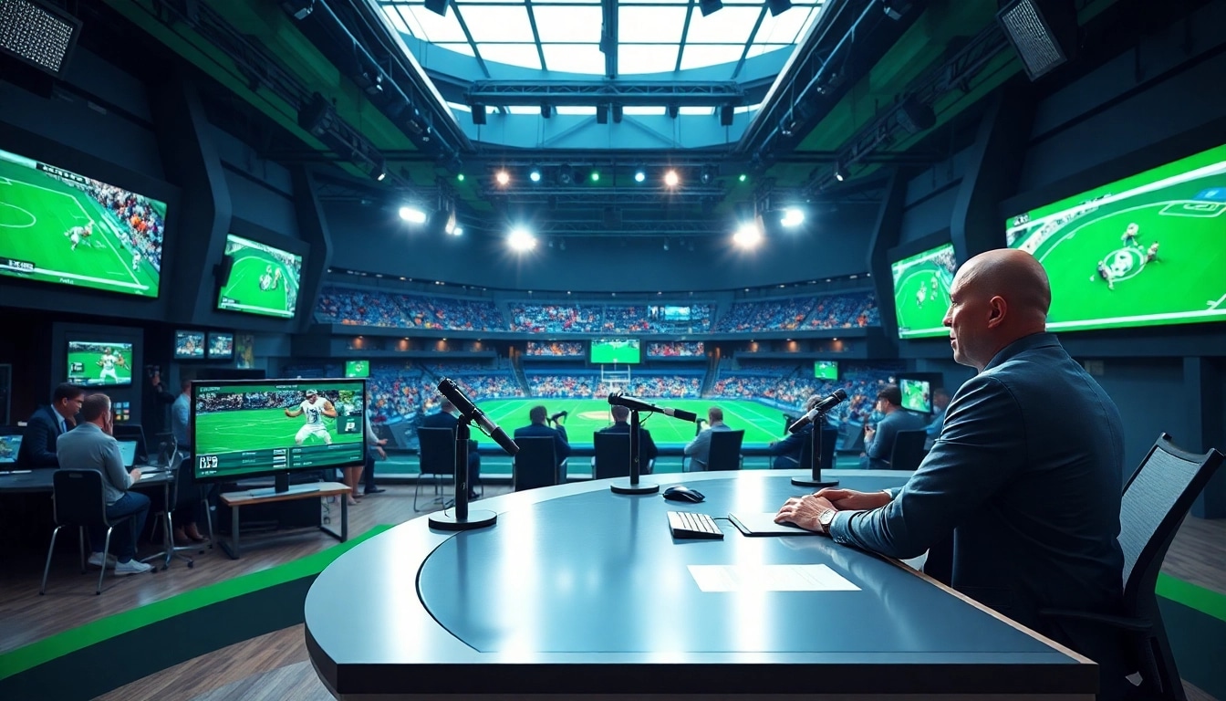 Captivating scene of Sports Broadcasting with dynamic anchors and vibrant screens.