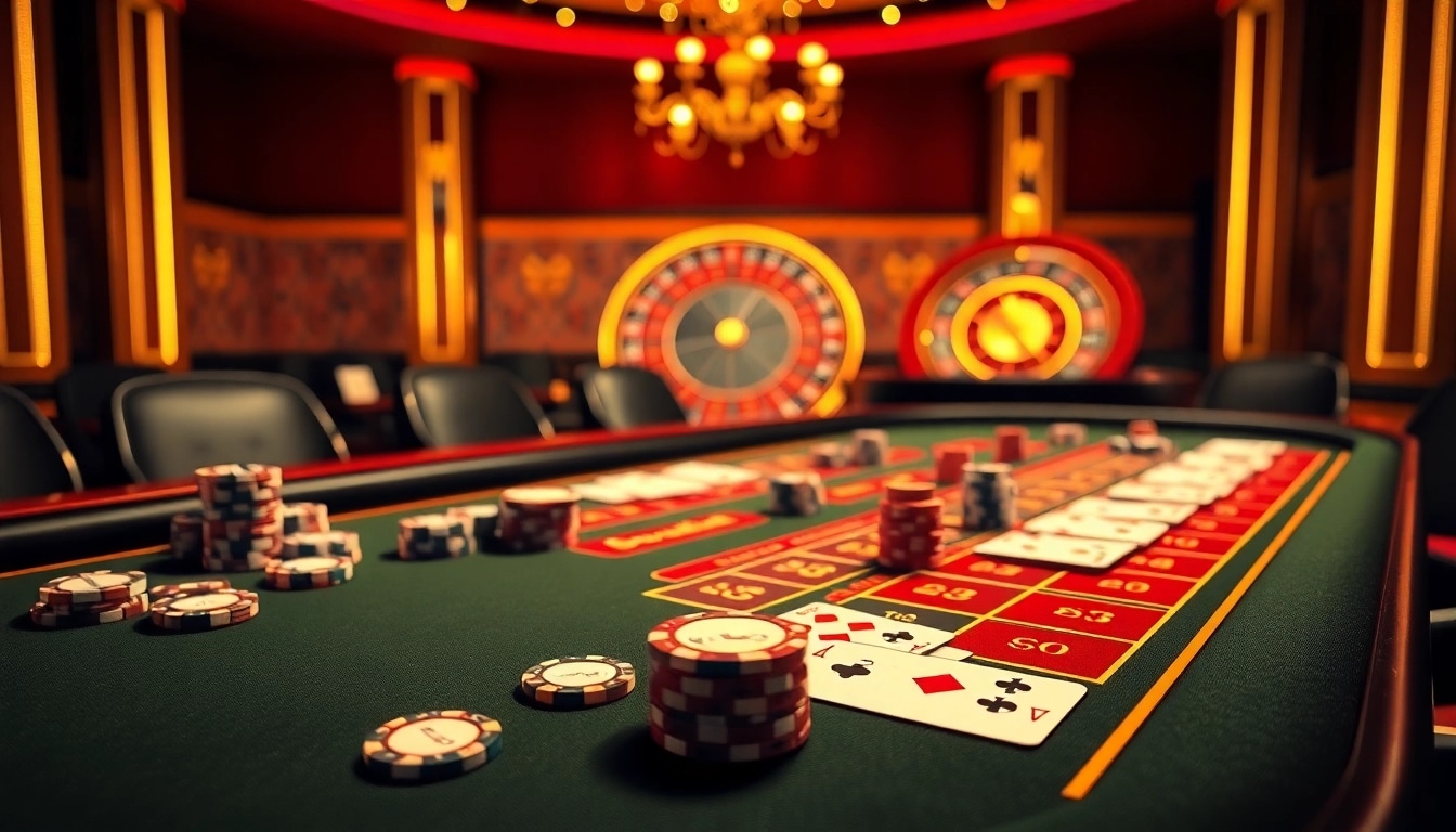 Experience the excitement of Thuật toán xóc đĩa 3D in a lively casino atmosphere with cards, chips, and vibrant visuals.