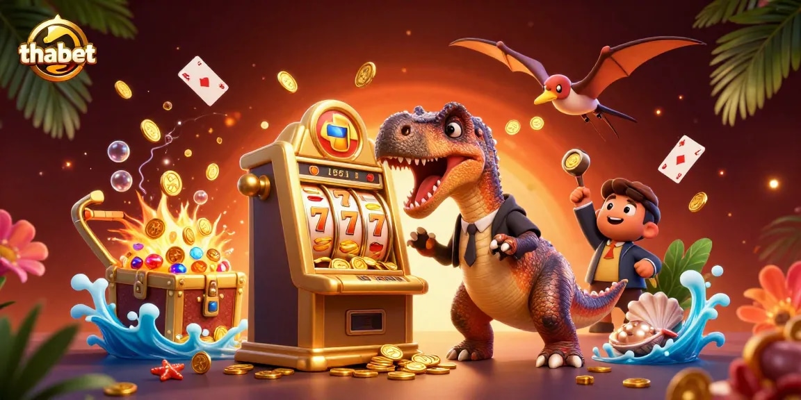 thabet jackpot scene with dinosaurs celebrating a slot machine win amid flying coins