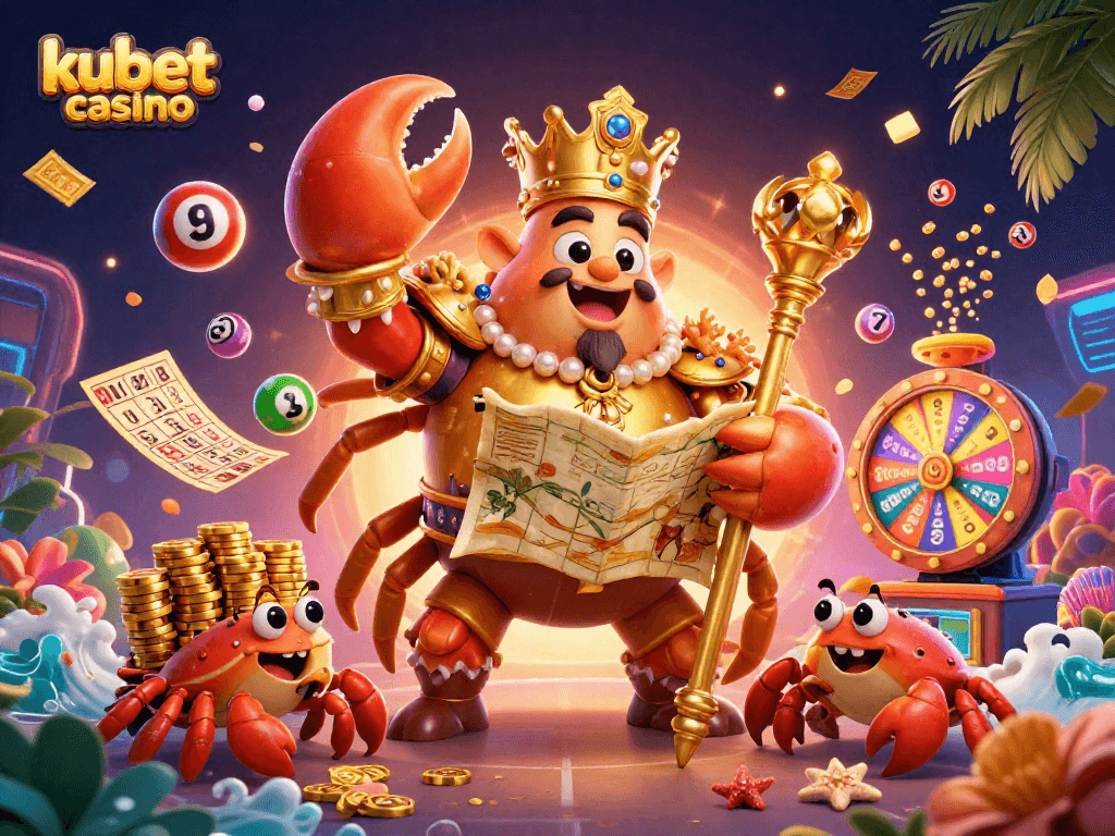 Engage at kubet casino with a vibrant 3D scene showcasing a crab emperor amid lively lottery elements.