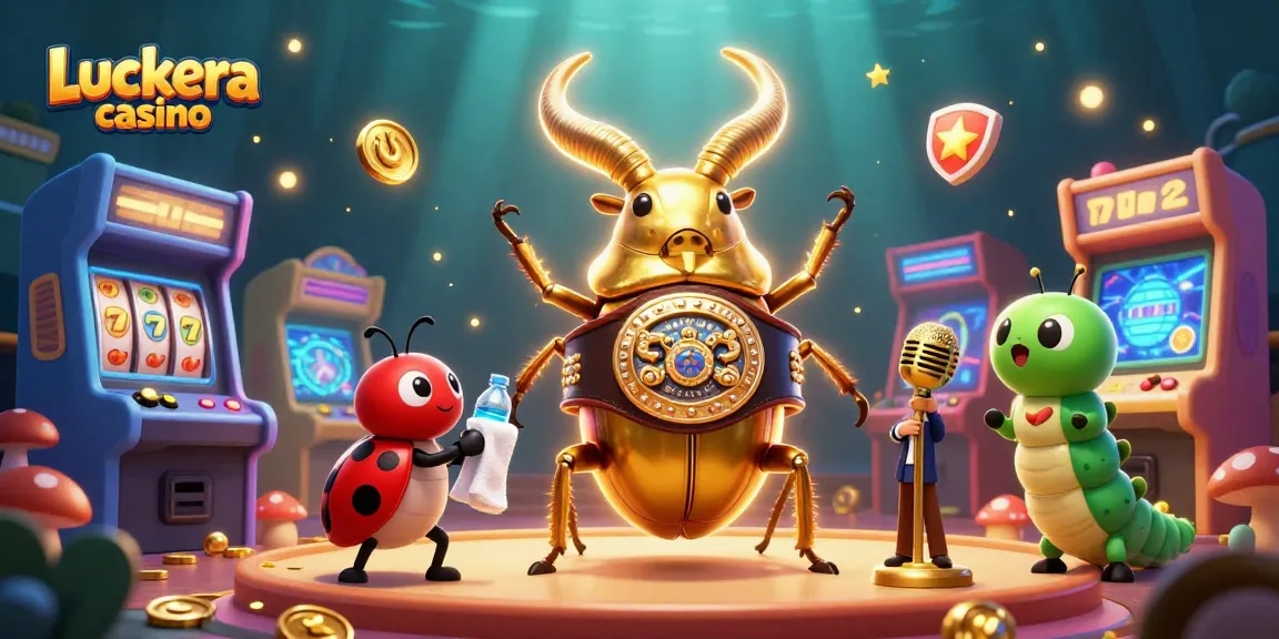 Engage with Luckera casino's vibrant gaming scene of animated characters and slot elements.