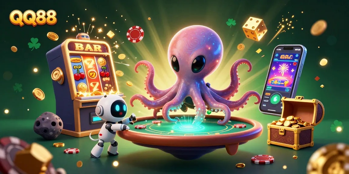 Engage in high-stakes gameplay at QQ88 with a vibrant scene of an alien octopus and robot at a poker table.