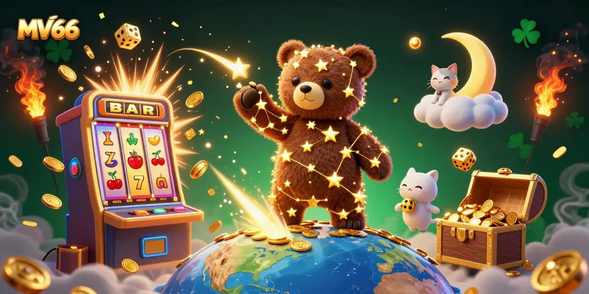Experience the magic of MV66 with a vibrant 3D casino scene filled with exciting gaming elements.