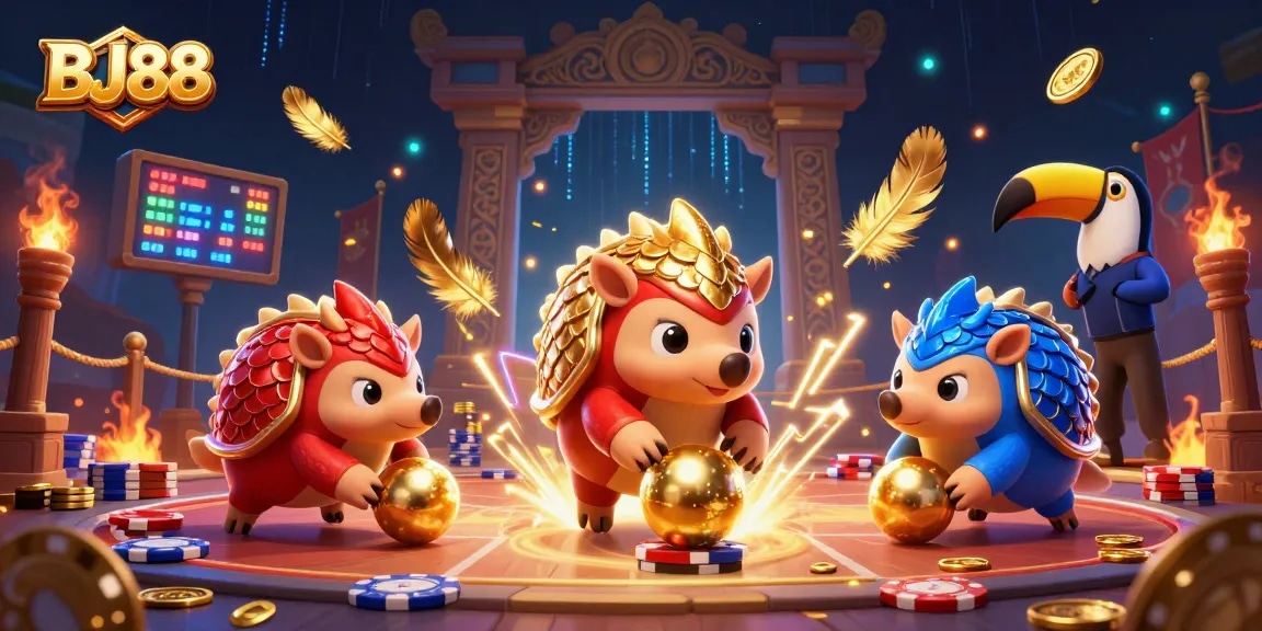 BJ88 pangolin rivals entertain with their epic showdown in a packed casino scene.