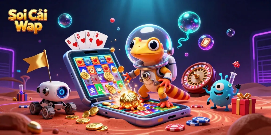 Soi Cầu Wap showcases a Martian gecko exploring a buried golden casino filled with vibrant slot games and cheerful aliens.