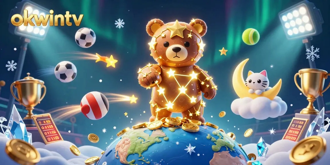 Bet on sports with OKWINTV, featuring dynamic sports balls and a constellation bear illustration.