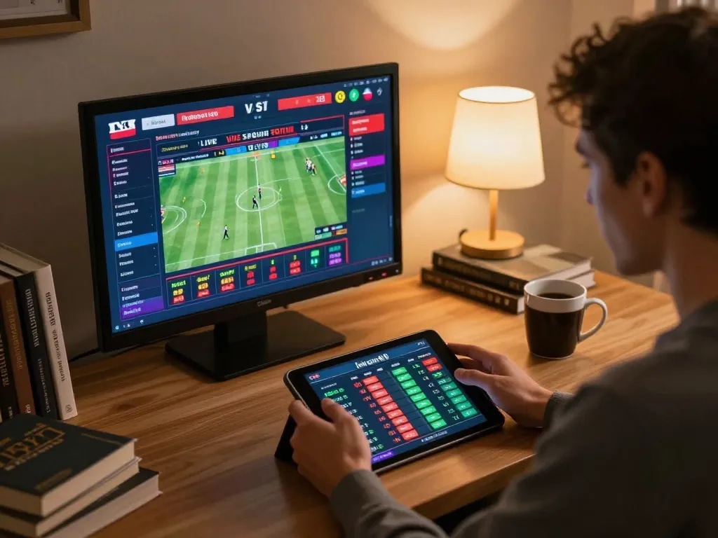 Soi kèo nhà cái during live betting session on tablet, highlights player's strategy in engaging home environment.
