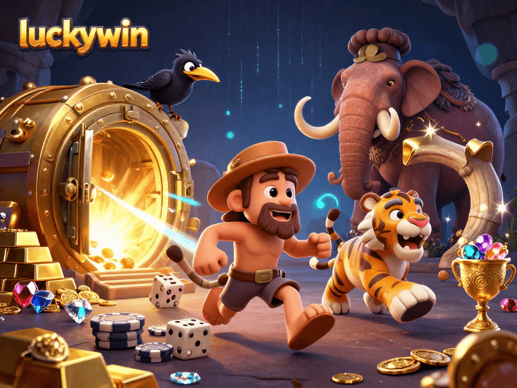 Experience the thrilling action of luckywin in a vibrant prehistoric casino scene.
