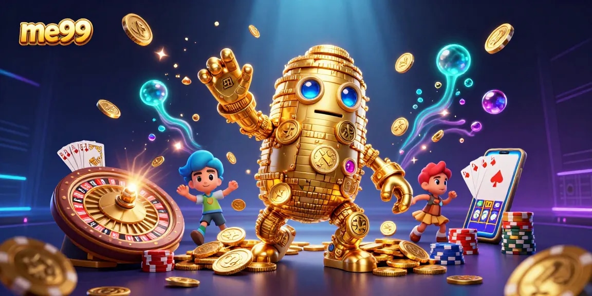 Spin and win big at me99 with vibrant 3D golden golem, dazzling crowds of coins, and poker excitement.