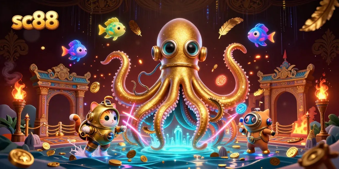 sc88 showcases an exciting treasure hunt scene with a kraken, diving cat, and bioluminescent fish against a dramatic casino backdrop.