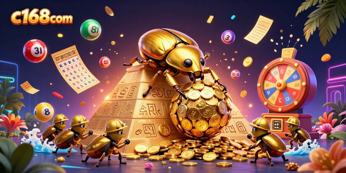 C168com showcases vibrant gambling action with a golden dung beetle and rolling coins in an illustrated casino scene.