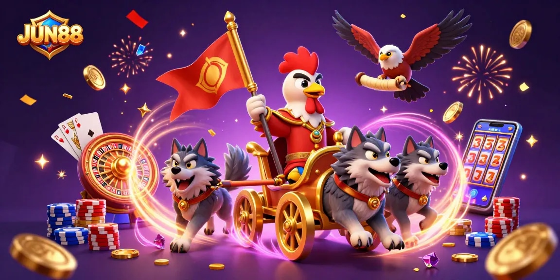 Experience thrilling moments with JUN88's dynamic casino scene featuring a rooster warlord and golden elements.