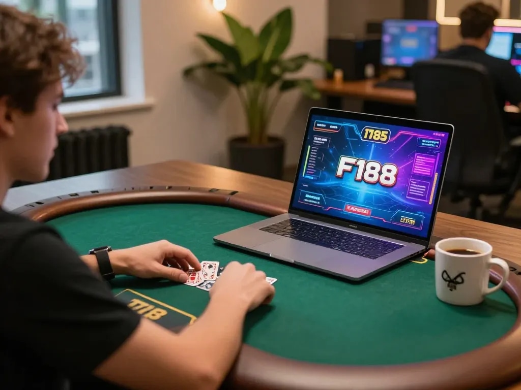 Playing poker on F168's online platform with vibrant graphics and cozy atmosphere.