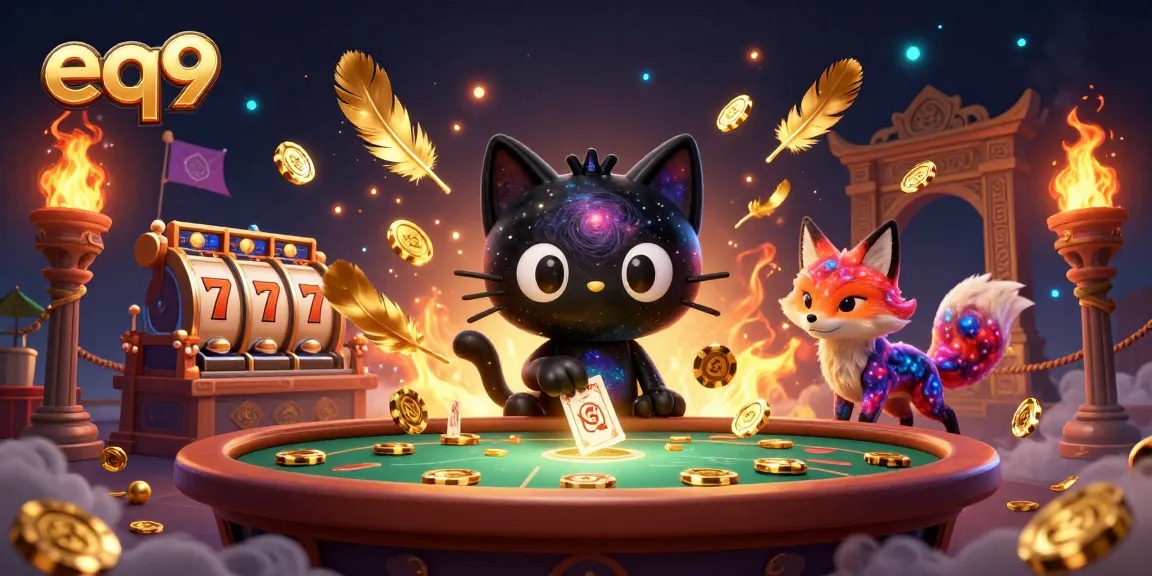 Experience the cosmic charm of eq9 as the black hole cat plays at a glittering casino table.