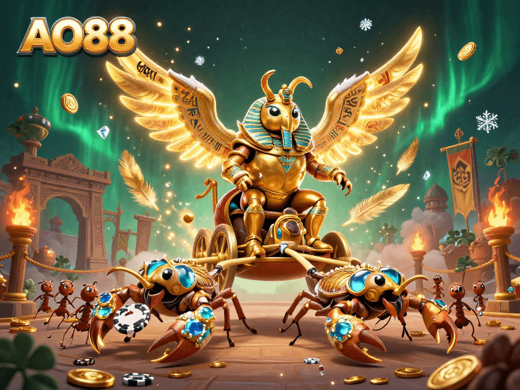 Engage in thrilling adventures with AO88's vibrant casino scene featuring a colossal beetle and scorpions.
