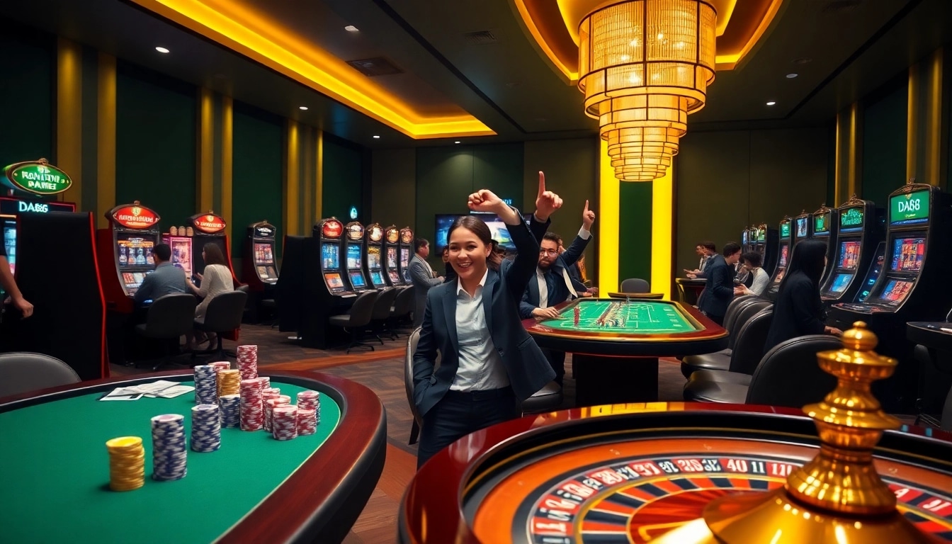 Experience the thrill of DA88 with vibrant casino tables and enthusiastic players winning big.
