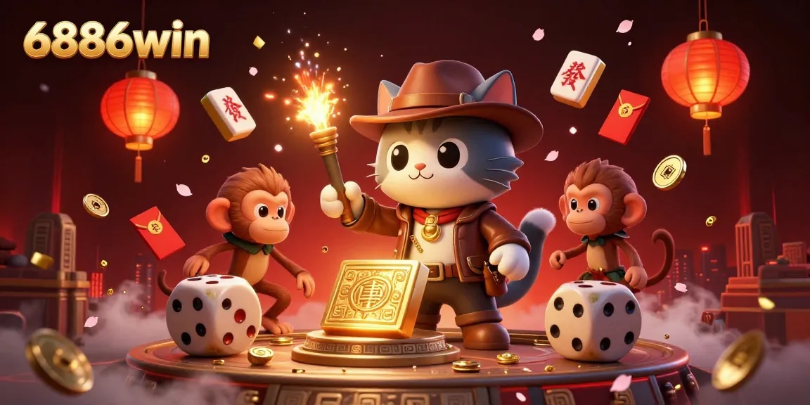 Engage with 6886win's thrilling 3D adventure featuring an explorer cat and monkey in a vibrant casino setting.