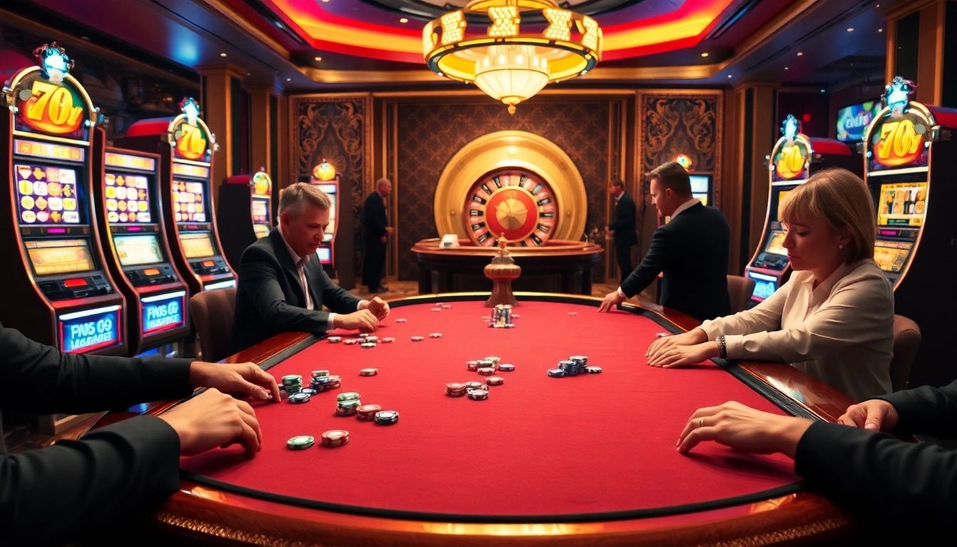 Engaging in vibrant casino action at mm88 it with poker tables, slot machines, and a lively atmosphere.