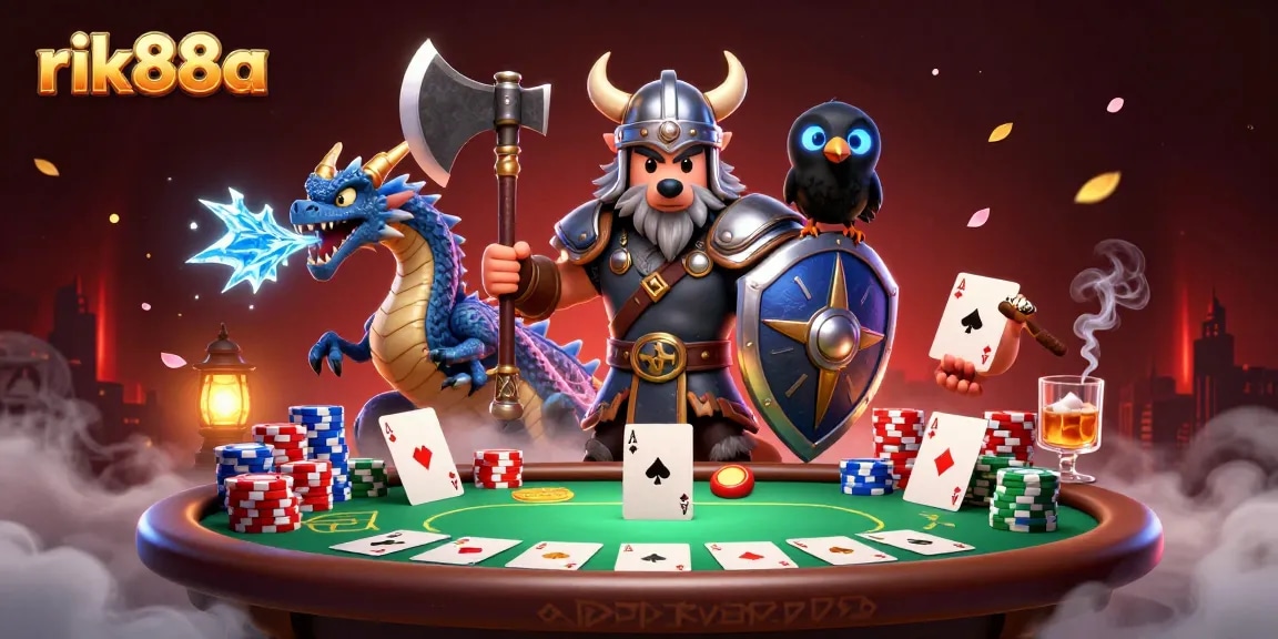 Engage in thrilling poker action with rik88a featuring a Viking warrior, fierce dragon, and colorful casino elements.