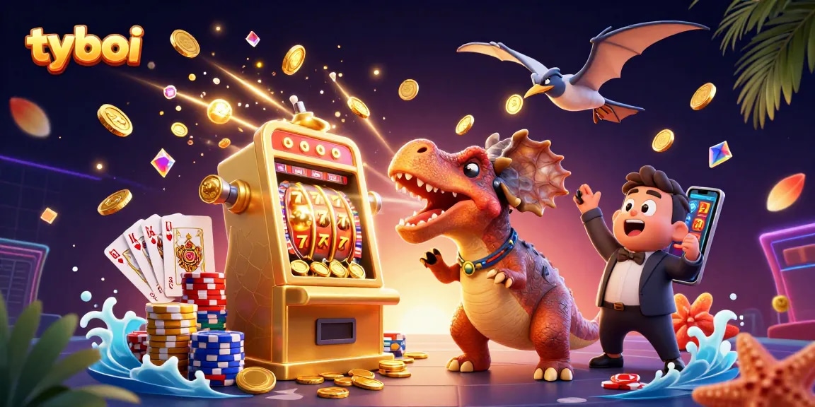 Experience exciting jackpots at Tyboi with chaotic fun as cartoon dinosaurs celebrate winning coins!