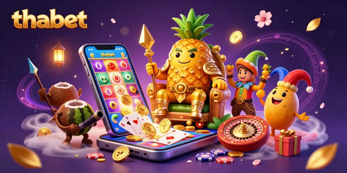 Spin the reels at thabet, with a joyful golden pineapple king and thrilling casino games around.