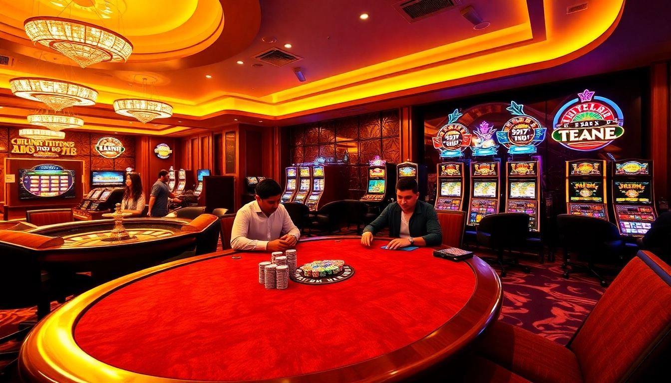 Exciting casino atmosphere featuring 99WIN poker table, roulette wheel, and vibrant slot machines.