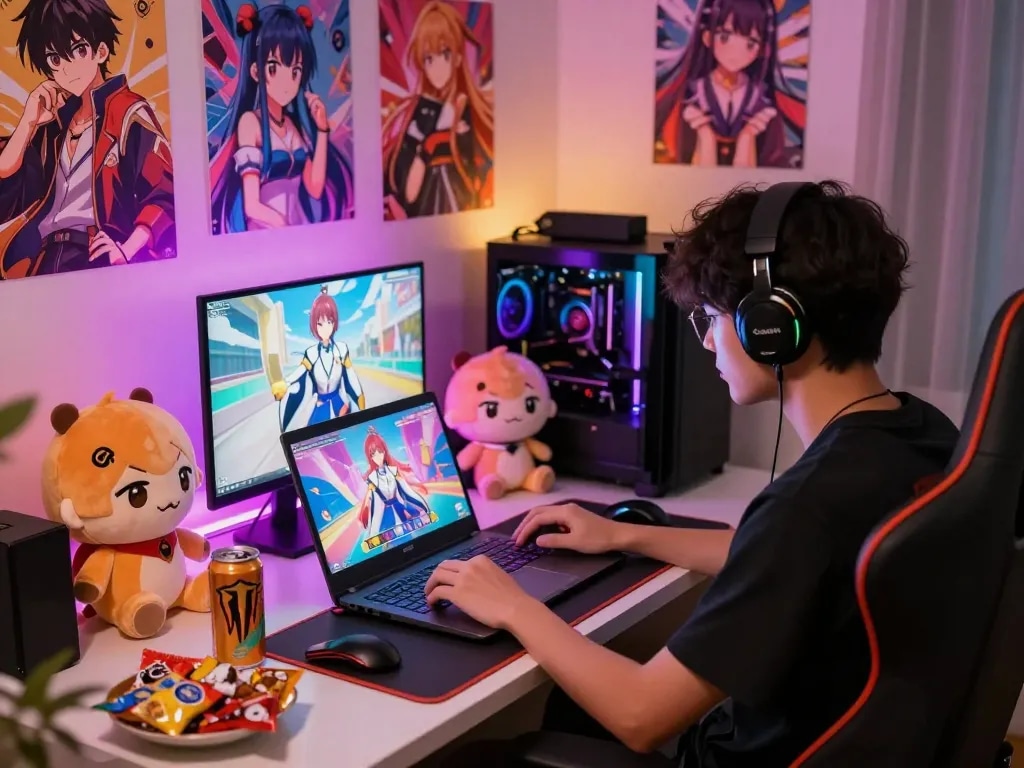 Engaged gamer playing a hentai game surrounded by colorful anime decor and snacks.