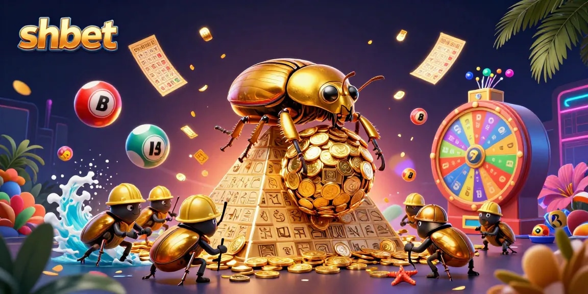 Experience winning at shbet with a vibrant 3D illustration of a golden dung beetle and casino elements