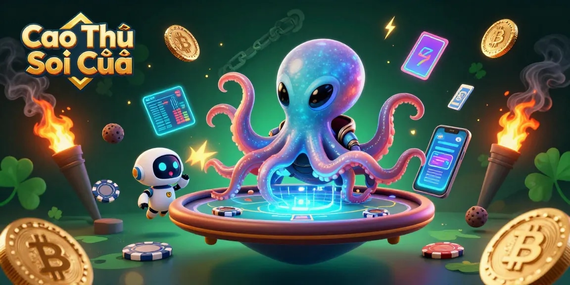 Cao Thủ Soi Cầu inspires winning strategies with a vibrant gambling scene featuring an alien octopus and poker elements.