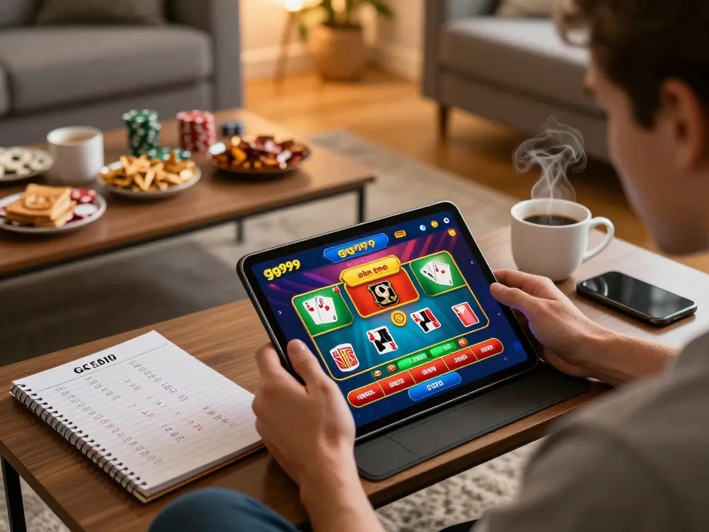 Pemain yang menggunakan aplikasi kasino gg999 di tablet di ruang tamu yang nyaman, mencerminkan pengalaman permainan online modern.