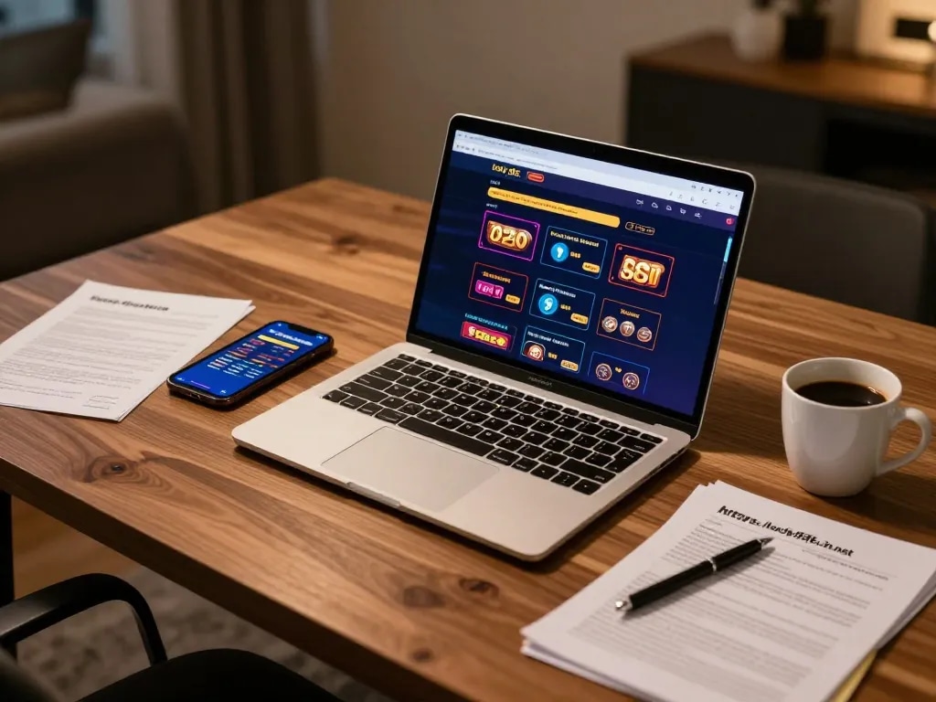 Gamble responsibly at https://lucky88s.in.net/ with a cozy home gaming setup featuring laptop and betting notes.