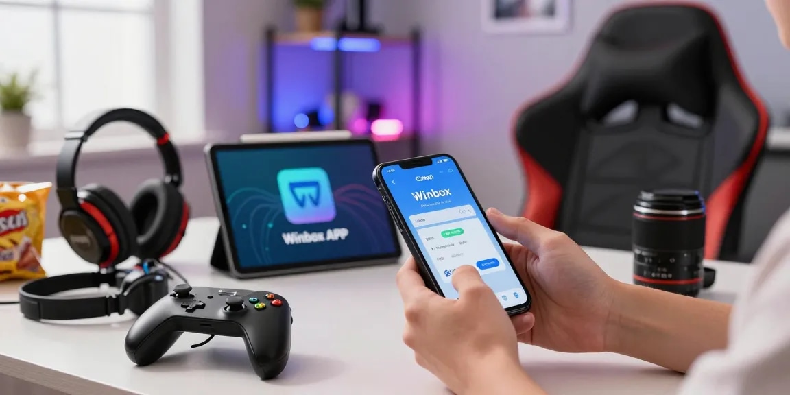Player downloading Winbox APK in a vibrant gaming setup with accessories, showcasing excitement for mobile gaming.
