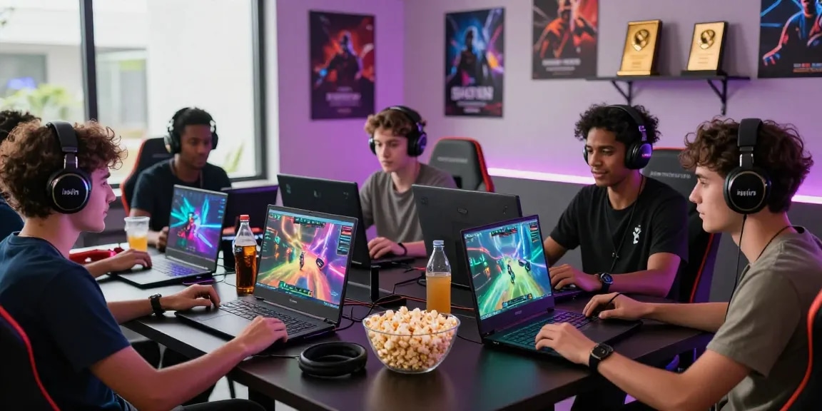 Group of friends enjoying iwin multiplayer game in a vibrant gaming room
