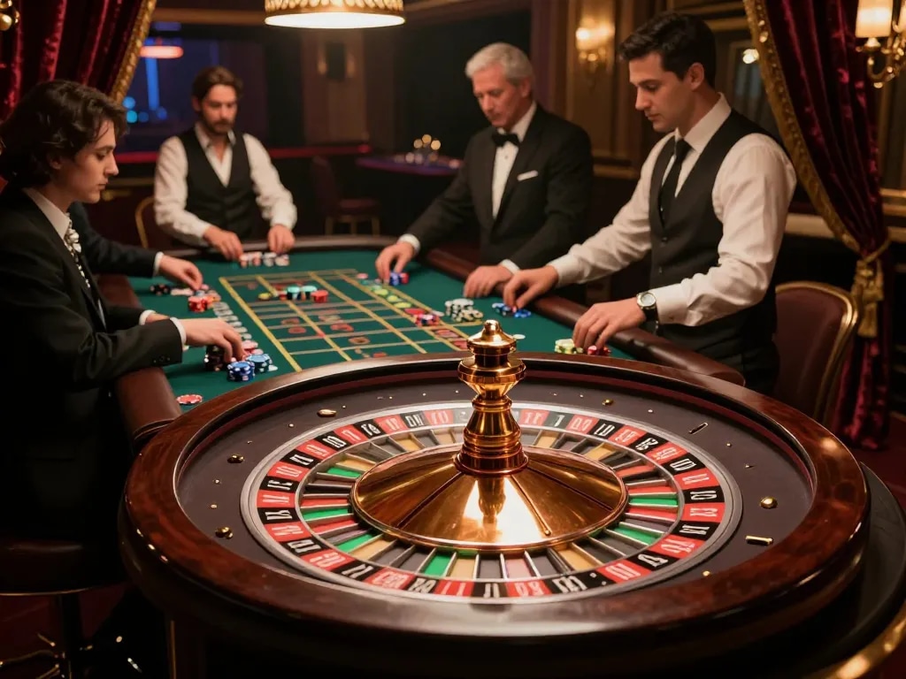 Players enjoying a lively roulette game at max 79 casino under soft ambient lighting.
