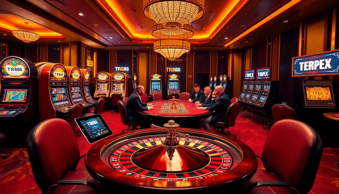 Engage in thrilling casino action with TR88 branding on poker and slot machines.