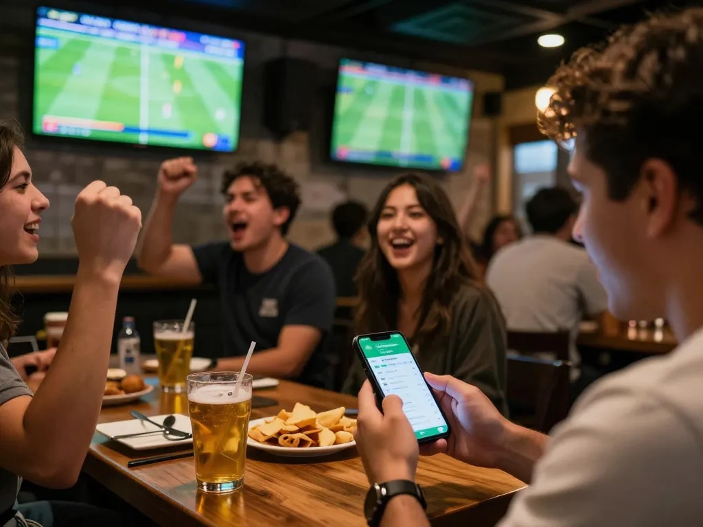 Fans engaging with the bongdaso soi kèo betting app while watching live sports in an exciting setting