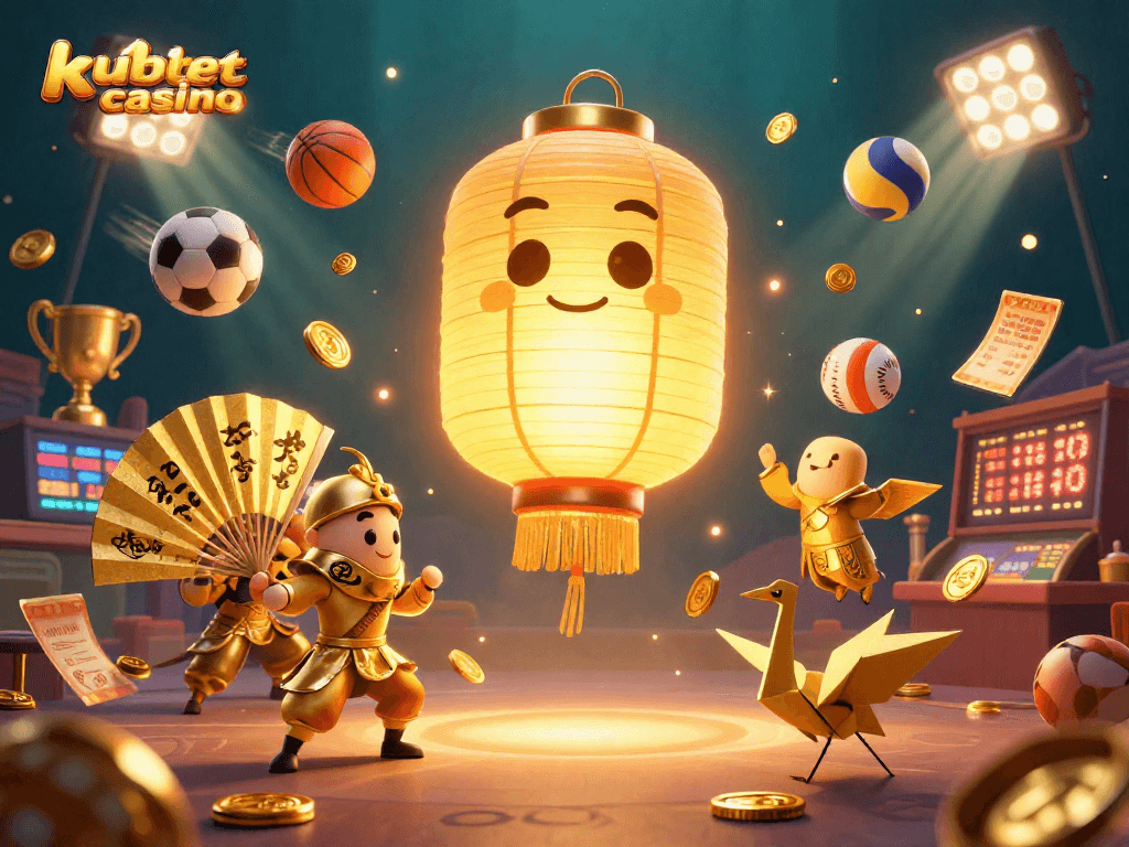 Engage with kubet casino through a vibrant 3D world featuring lucky symbols and sports elements.