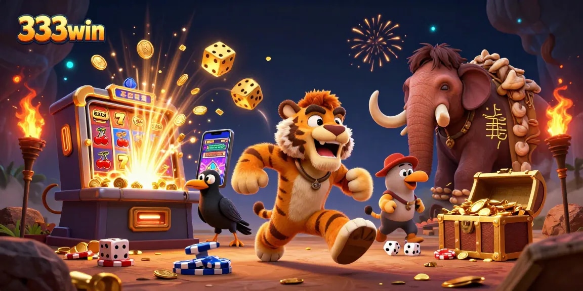 Experience thrilling gaming action with 333win in this vibrant, dynamic casino scene featuring lively characters and explosive jackpots.