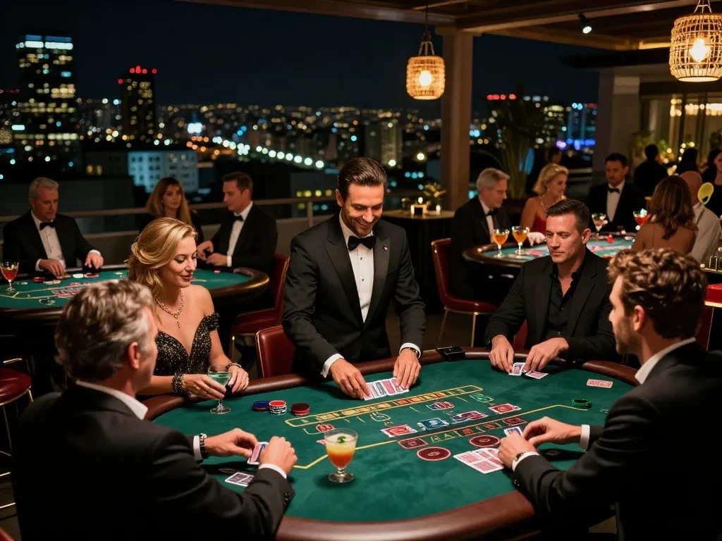 Players enjoying high-stakes blackjack at an upscale casino party featured on https://va88.now/, vibrant city skyline in backdrop.